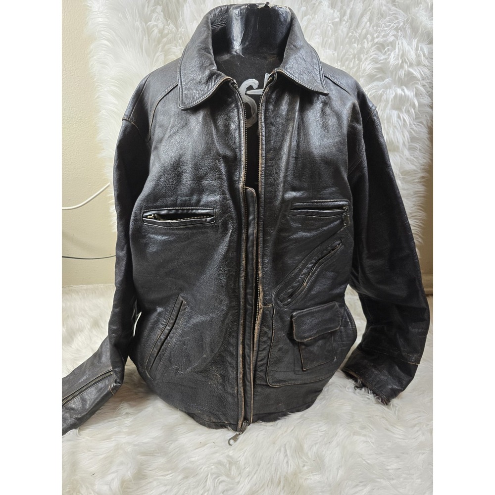 Y2K Authentic Structure Leather Full Zip Moto Jacket Brown Men's XL Red Lined